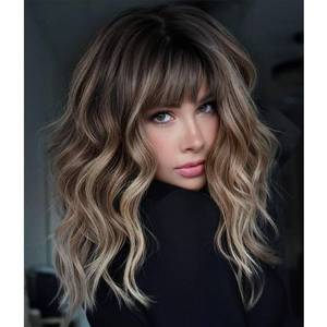 lot 6376 image: KOME Brown Wig with Bangs,Brown Highlight Synthetic Shoulder Length Curly Wavy Wigs for Women Party Daily Use 18IN