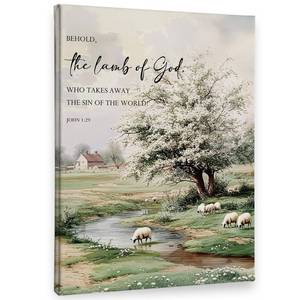 lot 6402 image: PHAMTE Christian Easter The Lamb of God Wall Art Decor Canvas, Spring Bible Verse Scripture Pictures Wall Decor for Church Prayer Room Living Room Home, Rustic Landscape Artwork for Walls 11x14in