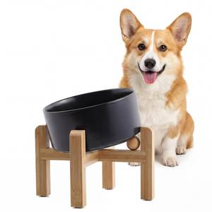 lot 6421 image: hjn Elevated Ceramic Dog BowlRaised Ceramic Dog Bowls with Bamboo Stand, 15°Slanted Raised Pet Feeder for Small Medium Dogs and Cats, Non-Slip Heavy Weighted Design (Black, 3.6Cup)