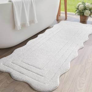 lot 6446 image: TANVILL Long Bathroom Runner Rug 24x60, Extra Non Slip Washable Bath Mats, Soft Absorbent Quick Dry Large Bath Rugs, Scalloped Bathmat for Bathroom, Tub, Floor Carpet, Sink, Shower, White