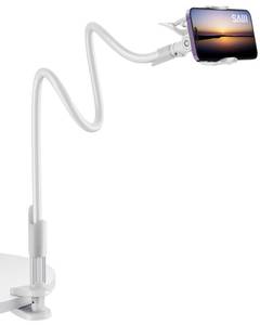 lot 6459 image: SAIJI Gooseneck Cell Phone Holder, Clamp Universal Lazy Mount Clip Hands Free Flexible Long Arm Bracket Grip for 4-7 Phones Mobile Stand Baby Monitor for Desk, Bed, Office, Kitchen (White)