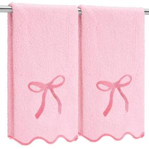 lot 6480 image: Fanfanwin 2 Pcs Pink Scalloped Hand Towels for Bathroom 26 x 13 Embroidery Coquette Bow Hand Towels 100% Cotton Soft Absorbent Boho Bath Decor for Kitchen Bathroom