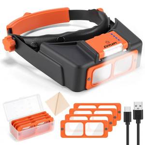 lot 6497 image: Headband Magnifier with Light, Rechargeable Magnifying Glasses for Close Work, 1.5X - 3.5X Magnify Headset with 4 Lenses, Jewelers Magnifying Glass Loupe Visor for Repair,Crafts, Hobby