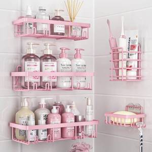 lot 11433 image: Liuoud 5 Pack Shower Caddy Organizer Rack Shelf for Inside Shower, Adhesive Bathroom Wall Storage Basket Rustproof Stainless Steel Shampoo Holder, Girly Bathroom Accessory Decor Set, Pink