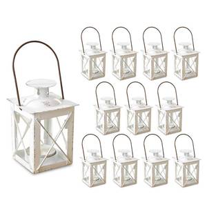 lot 11458 image: Kate Aspen Decorative Lanterns - Set of 12 - Luminous Distressed Metal Lantern Candle Holders for Wedding, Home Decor and Party - 4.5 H (6.5 H with Handle) �� White