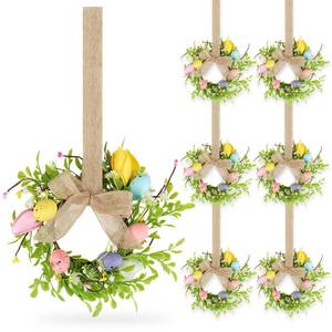 lot 11464 image: HEYTIMI 6 Pcs 9 Small Easter Wreaths for Kitchen Cabinet, Mini Spring Artificial Easter Egg Wreath Floral Decorations with Rustic Bow for Window, Front Door, Table Centerpiece Decor