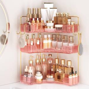 lot 11470 image: Kinkota Corner Bathroom Counter Organizer 3-Tier Bathroom Organizer Countertop with Hooks Perfume Organizers Storage Shelf for Makeup & Skincare Dresser-Pink