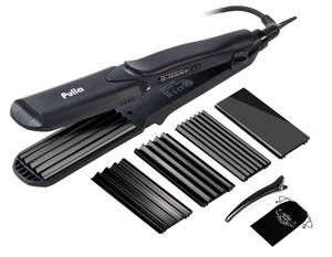 lot 11484 image: Pulla Hair Straightener and Crimper - 4 in 1 Tourmaline Ceramic Flat and Curling Iron for Hair Styling with Adjustable Temperature - Salon High Heat 320°F - 430°F for All Hair Types