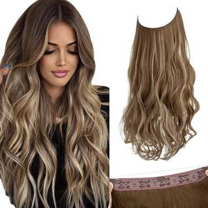 lot 12174 image: SARLA Invisible Wire Hair Extensions with 3 Clips Long Synthetic Wavy Curly Hairpiece Adjustable Transparent Headband for Women 22 Inch Ash Medium BrownAsh Blonde Highlights
