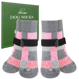 lot 12175 image: EXPAWLORER Dog Socks to Prevent Licking Paws, Winter Snow Dog Boots & Paw Protectors, Color Block Non Slip Doggie Grippy Booties Shoes for Hardwood Floors for Small Medium Large Senior Dogs Pink M