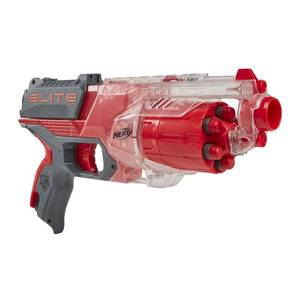 lot 12186 image: NERF Elite Disrupter Blaster - 4- Dart Rotating Drum, Slam Fire, Translucent Red (Amazon Exclusive)