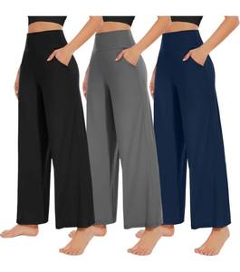 lot 12187 image: NEW YOUNG 3 Pack Womens Wide Leg Pants with Pockets High Waist Loose Sweatpants Casual Lounge Yoga Workout Palazzo (Used) (Missing One Pair)