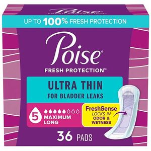 lot 12194 image: Poise Ultra Thin Incontinence Pads for Women - Maximum Absorbency - 5 Drop - Long - 36ct (Unopened Box)