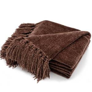 lot 12195 image: RECYCO Throw Blanket Soft Cozy Chenille Throw Blanket with Fringe Tassel for Couch Sofa Chair Bed Living Room Gift(Brown, 50 x 60)