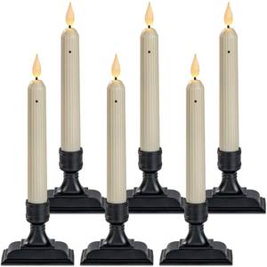 lot 12224 image: Homemory 6 Pcs Window Candles with Sensor Dusk to Dawn, Ivory Electric Window Candle Flickering, Christmas Fake Candles Battery Operated, Led Candlesticks with Black Holders for Xmas Holiday Decor (One Is Damaged)