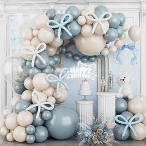 lot 12226 image: Dusty Baby Blue Balloon Arch Garland Kit,Ivory White Retro Blue Bow Balloons Garland Kit Long Balloon as Bow Decor for Boy Baby Bridal Shower Birthday Wedding Party Decorations