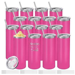 lot 15097 image: YOUKE OLA 16 Pack Stainless Steel Skinny Tumblers Bulk Straight Double Wall Powder Coated Insulated Tumbler with Lid and Straw for Laser Engrave, DIY Gift, 20oz Pink