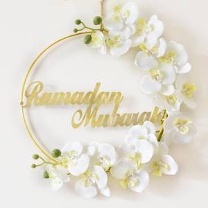 lot 15104 image: Ramadan Mubarak Wreath,Wreath Ramadan Decorations for Home Front Door,Round Metal Hoop Floral Hanging Garland for Wall Window Indoors Outdoor Farmhouse Decor