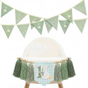 lot 16376 image: CrystalSylara One Silly Goose High Chair Banner Fabric Bunting banner - Goose 1st Birthday Decorations, Gingham Boho Floral Style 1st Yarn Tassel Garland, First Birthday Baby Shower Decor(Green)