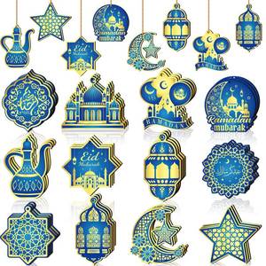 lot 16377 image: Panelee 36 Pcs Ramadan Ornaments for Tree Eid Mubarak Wooden Hanging Decoration Castle Lanterns Star Moon Islamic Home Decor for Ramadan Table and Wall Decor Party Supplies Gifts(Blue Gold Colors)