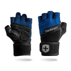 lot 16381 image: Harbinger Training Grip Wrist Wrap Gloves - Enhanced Grip & Wrist Support, Breathable Lycra Back, Padded Leather Palm, Half-Finger Design, Quick Pull Tabs, Ideal for Weightlifting, Blue, Large