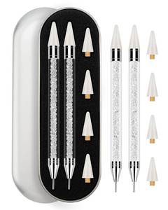 lot 16389 image: Rolybag Rhinestone Picker Tool, 2PCS Rhinestone Applicator Tool Dotting Wax Pen Dual-Ended with 4PCS Replaceable Wax Tips for DIY Nail Art Tool (White)