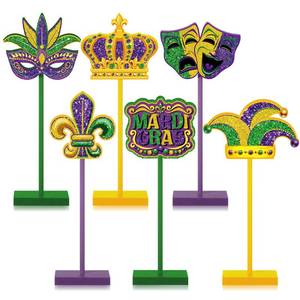 lot 16441 image: Yousoontic 6 Pcs Mardi Gras Decorations Mardi Gras Table Centerpiece Wooden Standing Mask Fleurs De Lis Block Sign Farmhouse Tabletop Decor Rustic Carnival Tiered Tray Decor for Party Home Room Shelf