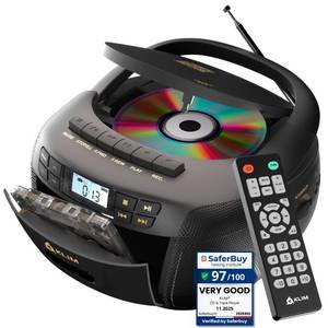 lot 17191 image: KLIM CD Player & Cassette Tape Player, Bluetooth Boombox, AMFM Radio, Stereo Sound, Remote, CD and Cassette Combo, Tape Recording, USB Drive, AUX, ACDC Powered