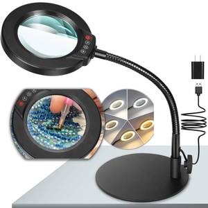 lot 17202 image: Krstlv 10X Magnifying Glass with Light and Stand, 5 Color Modes Stepless Dimmable LED Lighted Desk Lamp, Hands Free Magnifier with Flexible Goose-Neck for Craft Hobby Painting Sewing Close Work