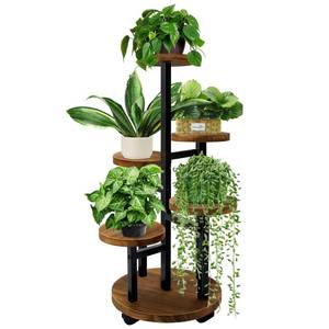 lot 17217 image: GEEBOBO 5 Tier Plant Stand With 4 Wheels, Metal Wood Tall Plant Stands For Indoor Plants Multiple, Corner Tiered Flower Plants Shelf Stand for Living Room Bedroom, Brown
