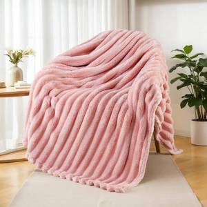 lot 18225 image: Exclusivo Mezcla Fleece Throw Blanket for Couch, Super Soft Striped Jacquard Bed Blanket, Lightweight Fuzzy Cozy for All Seasons, 50x60 Inches, Pink