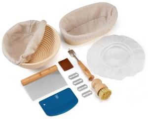 lot 18243 image: Kook Banneton Bread Proofing Set, Artisan Sourdough Bread Making Kit with Round & Oval Rattan Baskets, Liners, Dough Scrapers, Scoring Lame  Blades, Brush & Dough Cover (Set of 2)