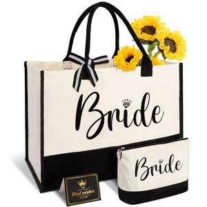 lot 18250 image: Vanqruo Bride Gifts Canvas Tote Bag with Makeup Bag, Wedding Gifts for Bridal Shower Bachelorette Party Engagement Honeymoon, Miss to Mrs, Bride to Be, Bridal Shower Decorations