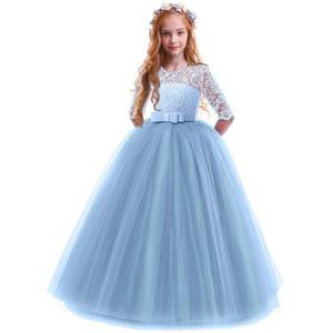 lot 18255 image: Girls Vintage Floral Lace 34 Sleeves Floor Length Party Fall Evening Formal Bridesmaid Prom Dance Gown Blue 5-6 Years