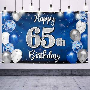 lot 18256 image: Nelbiirth Happy 65th Birthday Decorations,65th Blue & Silver Balloon Large Birthday Banner Backdrop Sign - Cheers to 65 Years Old Bday Party Supplies.