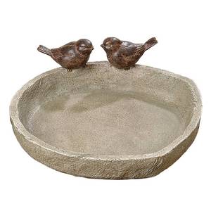 lot 18258 image: WHW Whole House Worlds Bird Bath with 2 Sparrows, Beige Stone Finished Basin and Brown, All Weather Poly Resin, 8.25 inches Diameter (21cm)