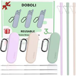 lot 18283 image: Doboli Reusable Straws with Case,12 inch Long Silicone Reusable Straws with Case, Portable Straw Foldable Drinking Travel Straw, Compatible with Stanley Owala 40 oz 30 oz Cup Tumbler 3 Set