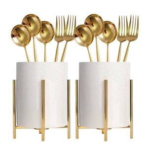 lot 19783 image: SIEBOLD 2pcs Sturdy Cutlery Holder White Ceramic With Metal Bracket Robust Silverware Caddy For Countertop - Spoon Holder Silverware Caddy