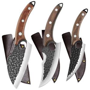 lot 19800 image: Handmade Forged Kitchen Knife 3 Pcs Professional Chef Knife Set, Hunting, BBQ Meat Knives for Cooking, Forged Kitchen Knife with High Carbon Stainless Steel Cutlery With Leather Sheaths