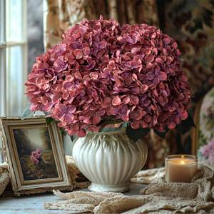 lot 19805 image: Uqueeten Artificial Flower Fake Silk Hydrangea Heads Bouquet with Stems Bulk for Fall Decoration Table Center Christmas Indoor Outdoor Faux Floral Realistic with Leaves Plants Crafts 8PCS(Rose red)