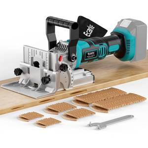 lot 19814 image: Ecarke Cordless Biscuit Joiner Compatible with Makita 18V Battery,Plate Joiner Kit with 80 wafers & Dust Bag, 11000RPM, 0-90° Cutting, 6 Depth Settings, for Woodworking & Furniture Making-Tool Only