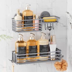 lot 19818 image: LEVERLOC Shower Caddy Suction Cup, 2 Pack Shelves for Inside with Hooks and Soap organizer, NO-Drilling Bathroom shelves, Rustproof Meatl Bathroom Holder, Grey