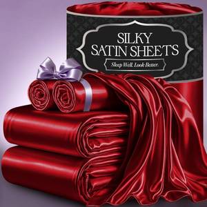 lot 19821 image: DECOLURE Satin Bed Sheets - 4 Piece Luxury Silky King Size Bedding Set - Softer Than Silk, Wrinkle-Free with 15�� Deep Pocket Fitted Sheet, Perfect for Hair & Skin, Gifts for Women (Red)