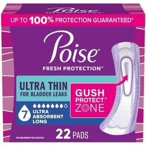 lot 19826 image: Poise Ultra Thin Incontinence & Postpartum Pads for Bladder Leaks, 7 Drop Ultra Absorbency, Long Length, 22 Count (Packaging May Vary)