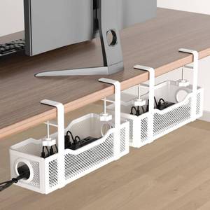 lot 19829 image: 2 Pack Under Desk Cable Management Box White, Cinati 26.8 Wire Organizers No Drill, Cord Organization Tray with Clamp for Office, Home - No Damage to Desk (slightly bent)