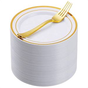 lot 19830 image: Goodluck 240PCS 7 Gold Dessert Plastic Plates with 7.4 Forks, Gold Appetizer Plates for 120 Guests, Including 120 Disposable Cake Plastic Plates and 120 Forks for WeddingBirthdayChristmas Party