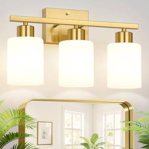 lot 19832 image: Meybiok 3-Light Bathroom Light Fixtures, Brushed Gold Vanity Light, Bathroom Vanity Light with Milky White Frosted Glass Shades, Bathroom Light for Mirror, Bedroom, Hallway, or Living Room
