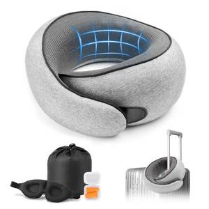 lot 19834 image: Purroch Travel Neck Pillow with 100% Pure Memory Foam, G-Shape, Includes Eye Mask & Ear Plugs, Ergonomic Design for Airplane, Car & Office, etc, Beige Gray