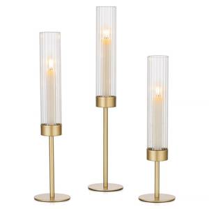 lot 19840 image: Hewory Gold Hurricane Candle Holders Brass Candlestick Holders Set of 3 Tall Taper Candle Holders for Candlesticks Candle Sticks Holder Decor for Table Centerpiece Wedding Party Christmas Decorations