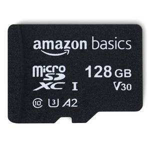 lot 20279 image: Amazon Basics microSDXC Memory Card with Full Size Adapter, A2, U3, Read Speed up to 100 MBs, 128GB, Black